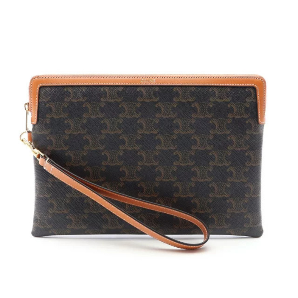 Celine Triomphe Shoulder Bag Canvas Leather Black Brown